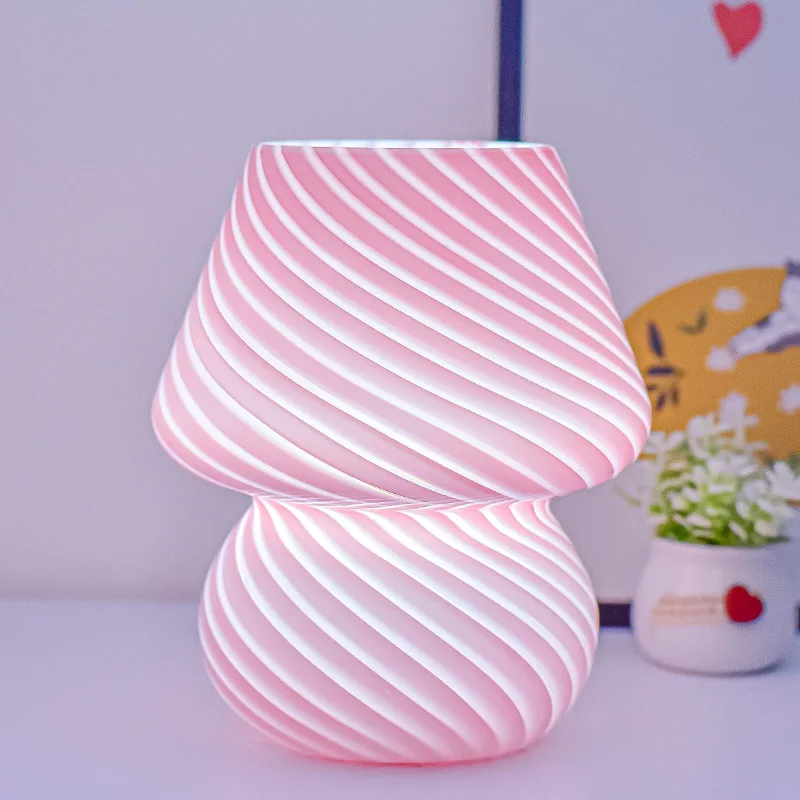 Mushroom Glass Table Lamp for Room Decor LED E27 USB EU US UK AU Plug Frosted/Striped Glass Dimmable Vintage Art Bedside Lamp