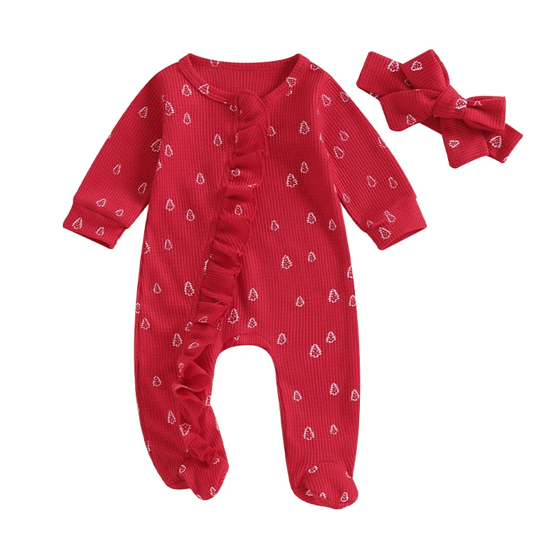 Baby Girls Christmas Outfit, Long Sleeve Crew Neck Tree Print Footies Jumpsuit and Headband Fall Clothes