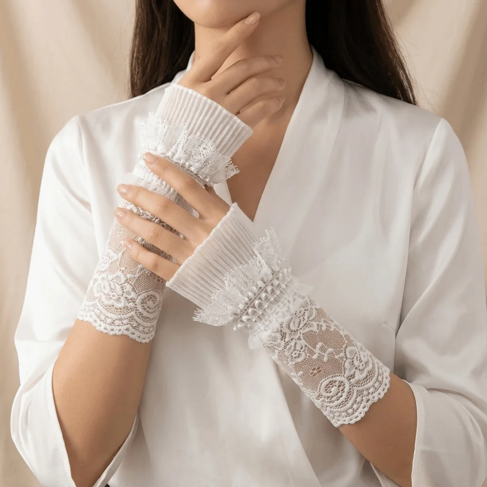 Gothic Lace Trim Lace Arm Sleeves Mesh Floral Embroidered Wrist Sleeves Breathable Ruffle Cuffs Fingerless Gloves Party Costume
