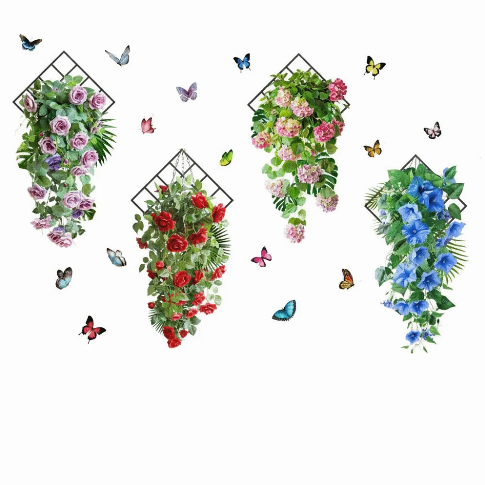 3D Design Wall Sticker Flower & Butterfly Self-adhesive Wall Decorative Sticker Flower Basket Multicolor Mural Art