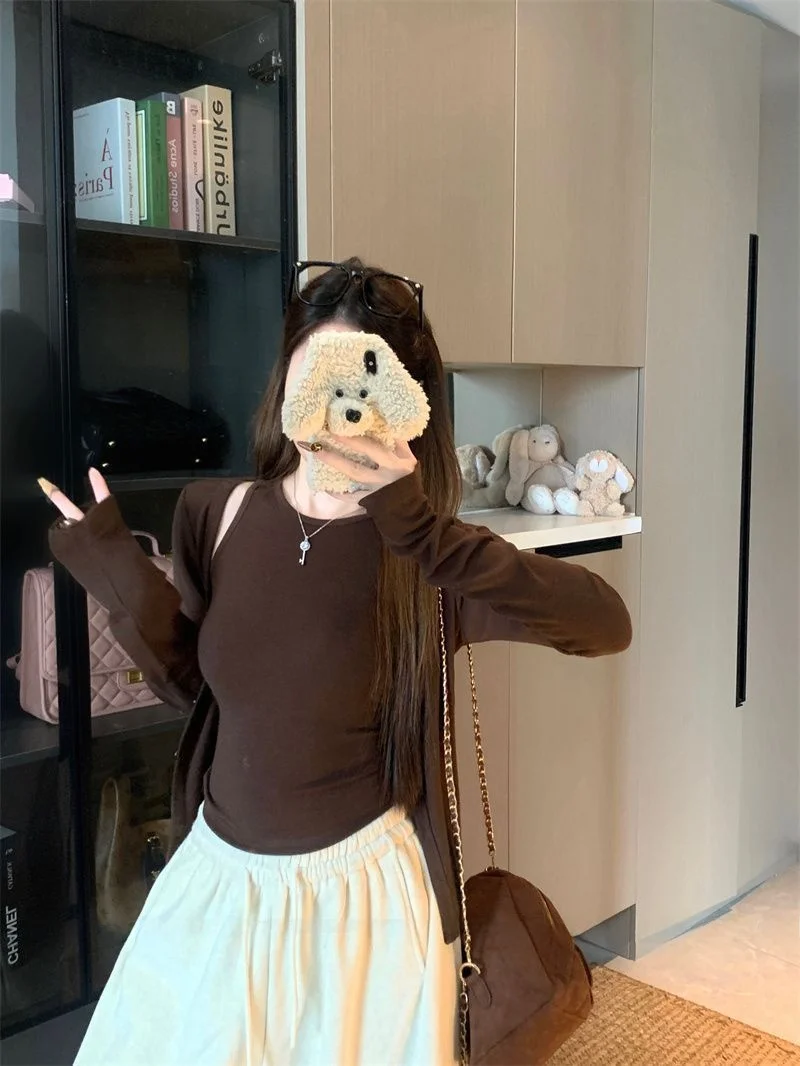 

Ele Long Sve ort Cardigan Slim Fit Strap Vest Two Piece Set Top Women's Faion Spring Summer New Arrival INS Sle