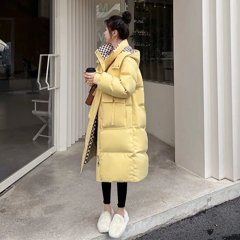 2024 Women's Long Down Cotton Jacket Hooded Color Blocked Cotton Jacket Korean Version Casual Fashion Thick Coat