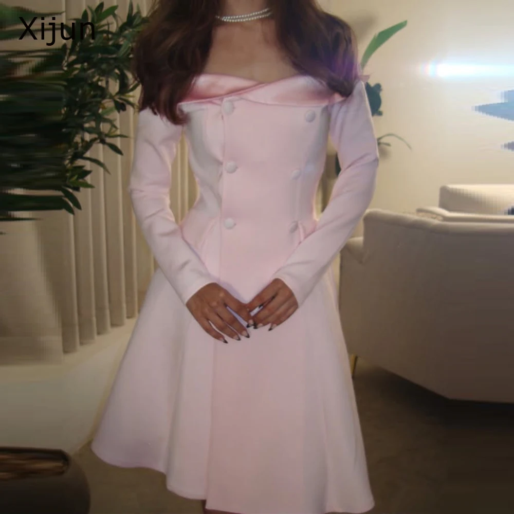 Xijun Blush Pink Crepe Short Evening Dresses Off The Shoulder Button Prom Dresses Saudi Arabric Formal Prom Gown Customized 2025