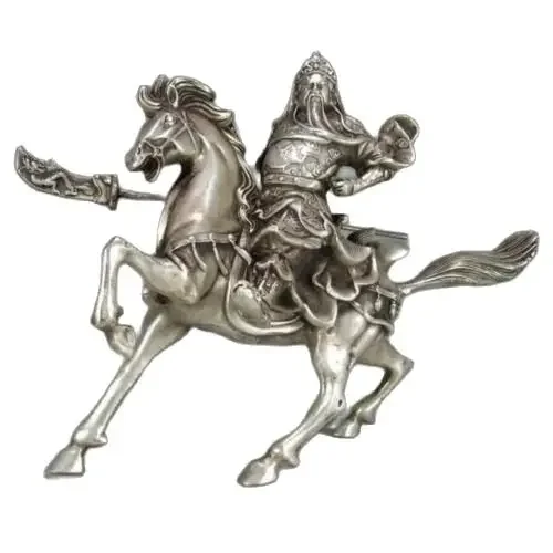 20CM Decoration Bronze Factory Outlets Tibet Silver  Chinese Folk Handmade Miao Silver - Equestrian Statue Guan Gong