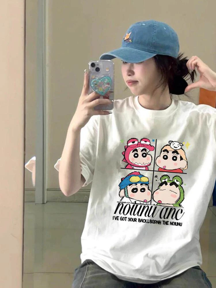 

Летняя футболка унисекс 2026 с принтом Crayon Shin Chan, 4 секции, 100% хлопок, в стиле Y2K, оверсайз, с милым аниме-графиком