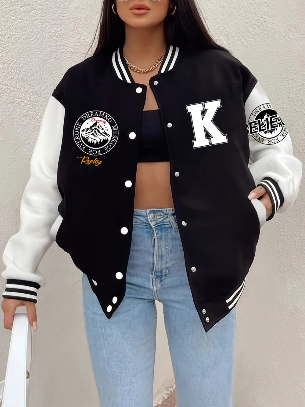 

Believe Dreaming Realise Printing Baseball Jersey Womens Casual Pocket Coats Winter Fleece Warm Jackets Basics Sporty Clothes