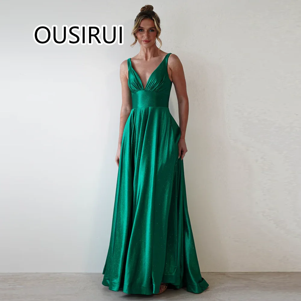 

Green V-neck Pleated Glitter Prom Gown A-line Backless with Side Slit Straps Long Special Club Dress vestidos de festa