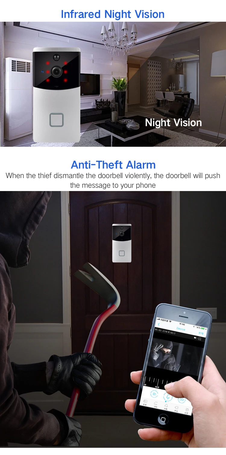 Timbre de puerta con WIFI para interiores, intercomunicador con vídeo, timbre Visual, 2MP, 1080P, Tuya 166, gran angular, largo tiempo de espera