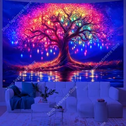 Colorful Rainbow Tree of Life UV Reactive Tapestry Witchcraft Hippie Wall Hanging Bohemian Mandala Art Aesthetic Room Wall Decor