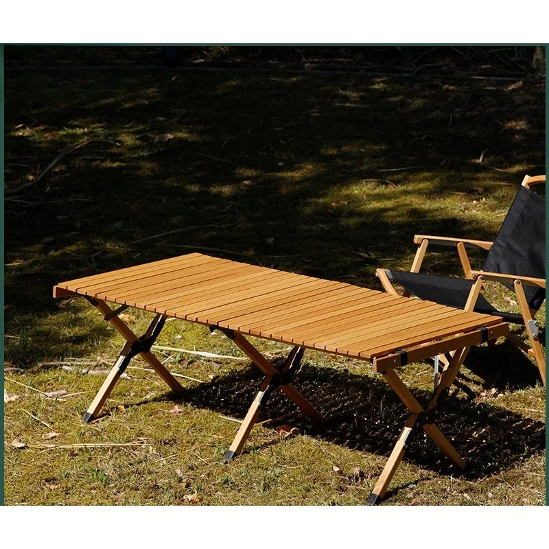 Outdoor Camping Folding Table, Beech Wood Roll Up Table, Portable BBQ Picnic Solid Wood Camping Table