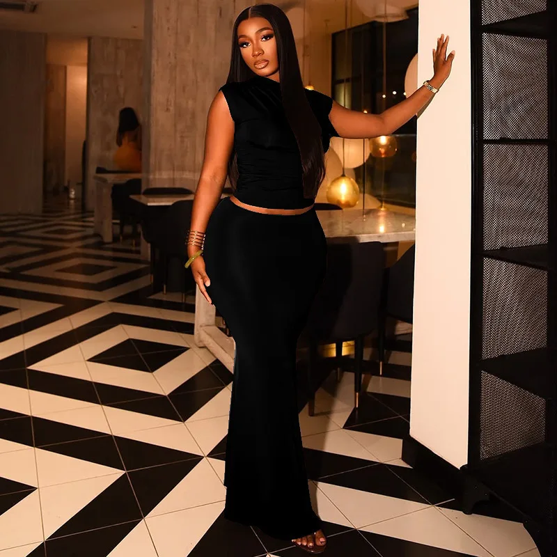 

2025Summer New Solid Color Women's Clothing Asymmetrical Neck Crop Top High Waist Bodycon Skirt Set