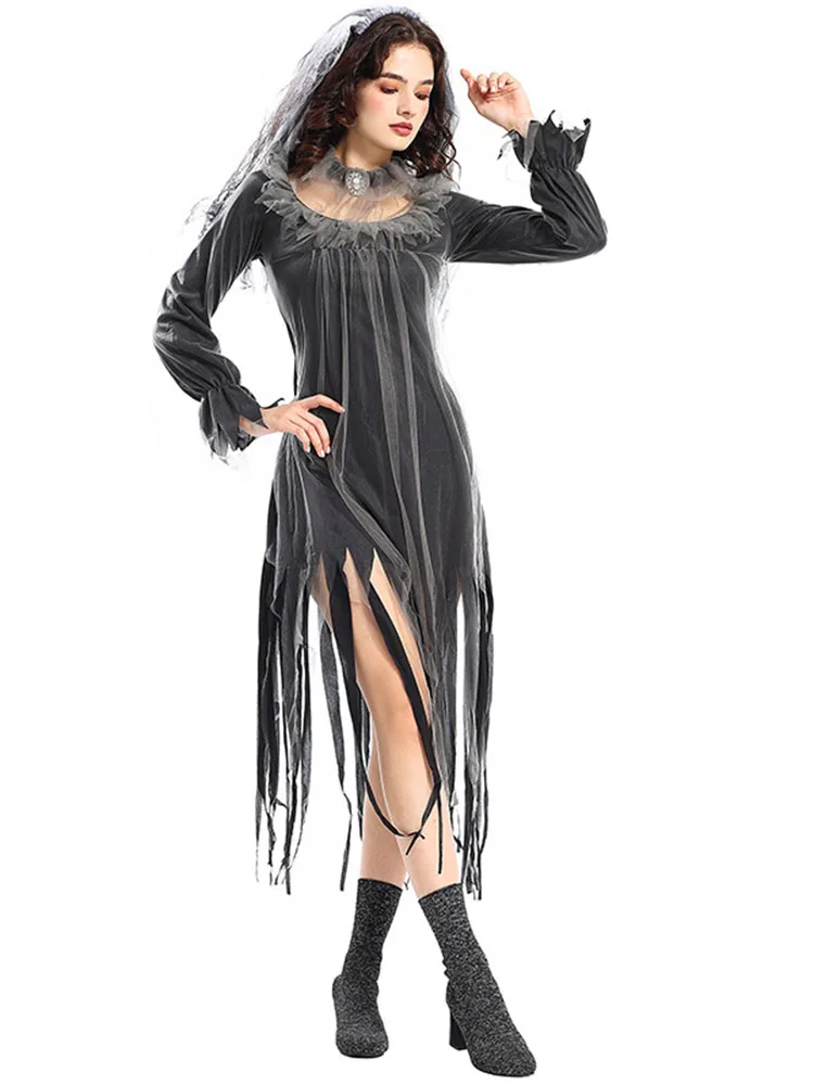 Horror noiva zumbi dr ey traje feminino faion loween par desempenho bar ds evento poliéster dr