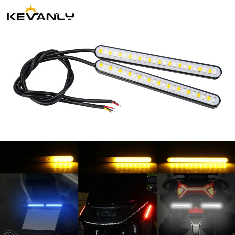 2Pcs Motorcycle Light Bar Strip 24 SMD LED Rear Tail Brake Stop Lamp License Plate Lights Flowing Turn Signal Indicators Amber