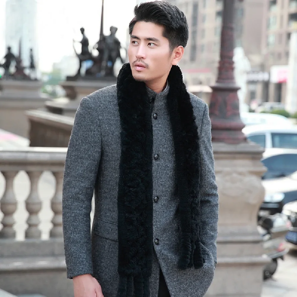 Men's Real Rex Rabbit Fur Scarf Winter Warm Neckerchiefs Mufflers Tassel Black 180cm