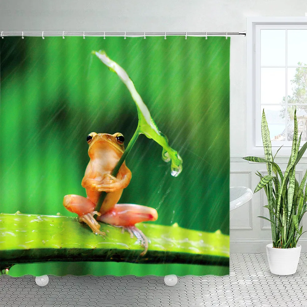 Funny Cartoon Frog Shower Curtains Green Lotus Leaves Animal Kids Bath Curtain Children Bathroom Accessories Decor Sets White