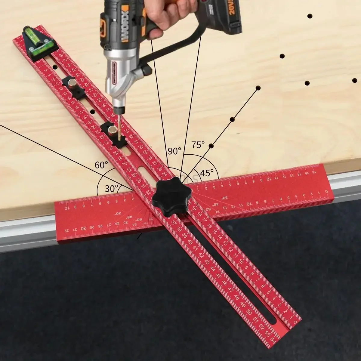 

Adjustable 2-in-1 Drilling Positioning Ruler 45°/90° High-precision Woodworking Angle Ruler Scribing T-shaped Ruler with Slider