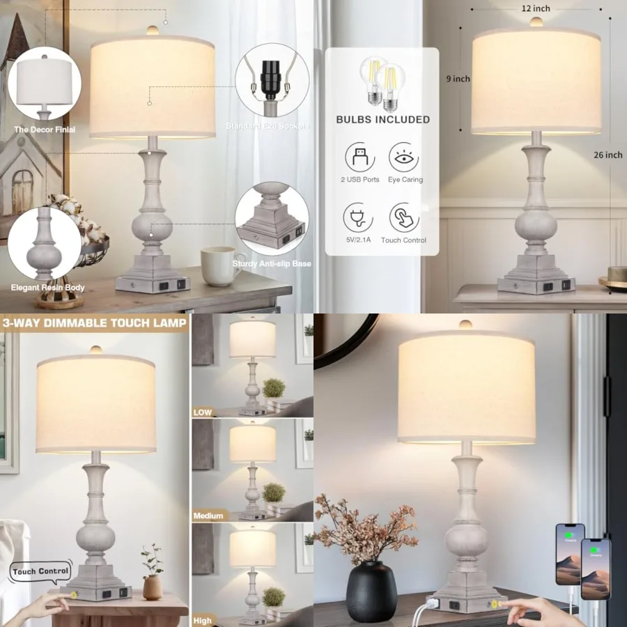 

26" Farmhouse Lamp with 2 USB Ports and AC Outlet, Vintage Rustic Touch Control Bedside Lamp, Resin 3-Way Dimmable Nightstand L