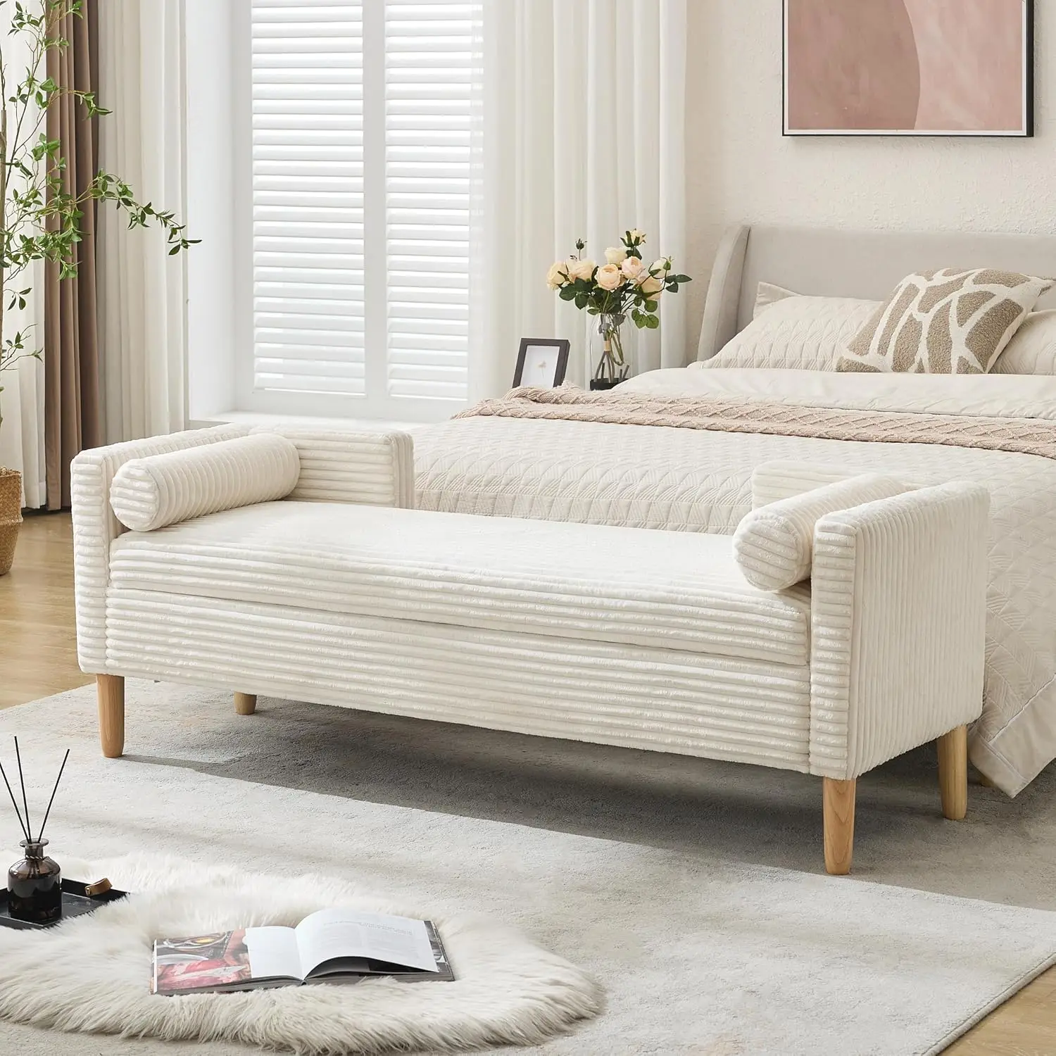 Upholstered Storage Ottoman Bench with Bolster & Armrest, Window Seat for Living Room Bedroom, Corduroy, Ivory, Customized