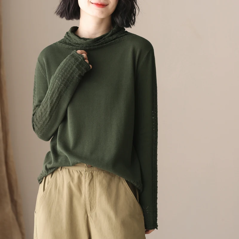 

Женский длинный вязаный свитер с высоким воротником све, ажурный базовый слой, свободный крой, универсальный хлопковый осенний свитер для поездок на работу