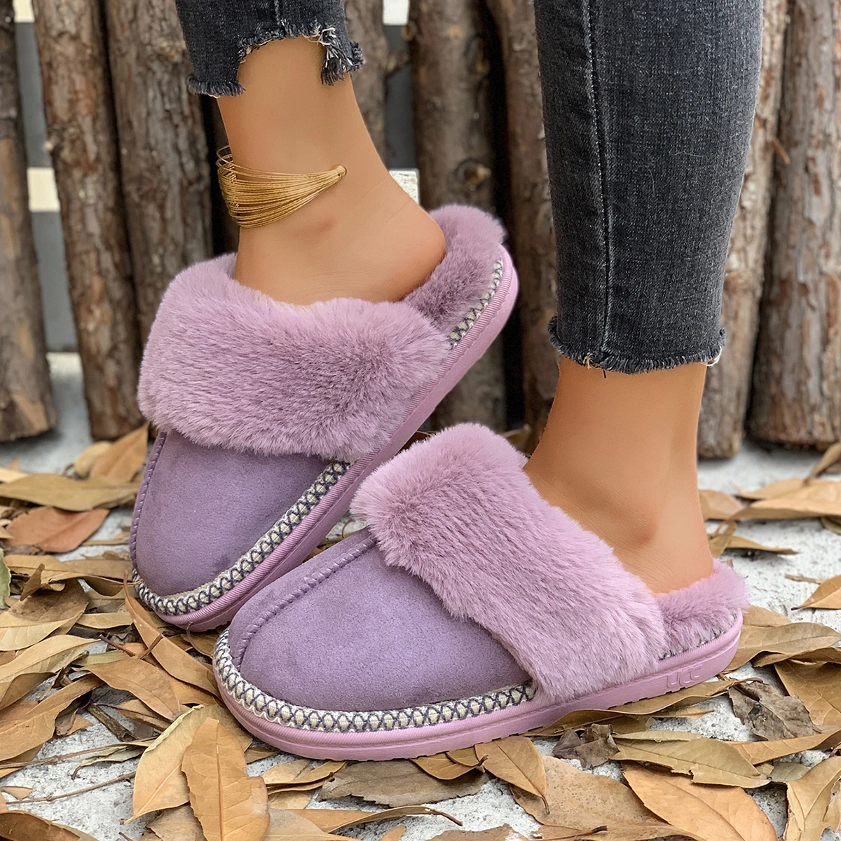 2024 Nieuwe Mode Casual Outdoor Luxe Bont Slippers Vrouw Winter Warm Pluche Muilezel Dia Dames Ontwerp Katoenen Huis Schoenen