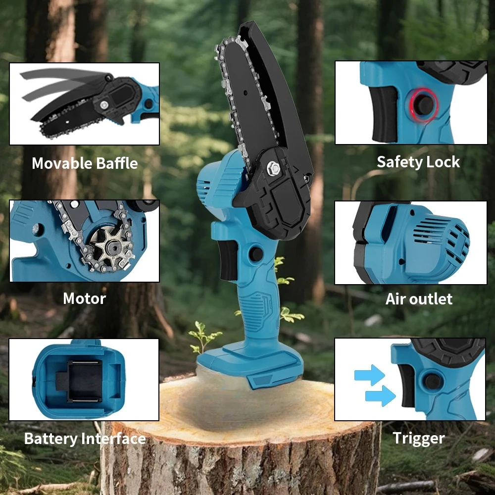 4/6 Zoll Akku-Kettensäge Hand-Astschnitt-Kettensäge Holzbearbeitung Schneiden Elektrowerkzeuge für Makita 18 V Akku Tragbare elektrische Säge