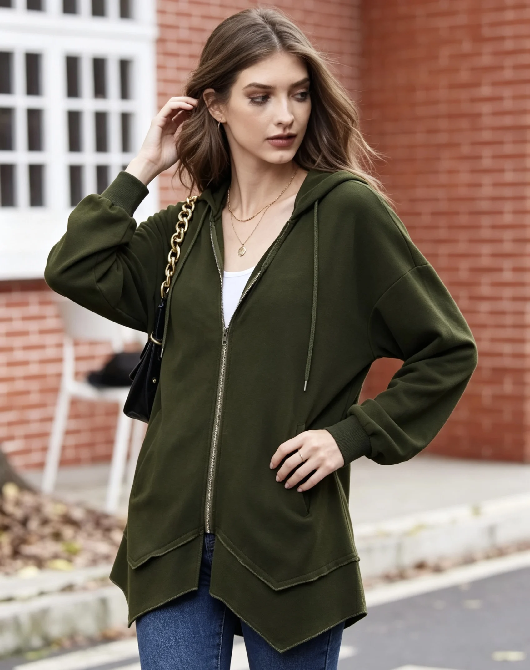 Plus size women's army green irregular hem hooded sweatshirt jacket; drawstring zipper front pocket loose lantern sleeve casual
