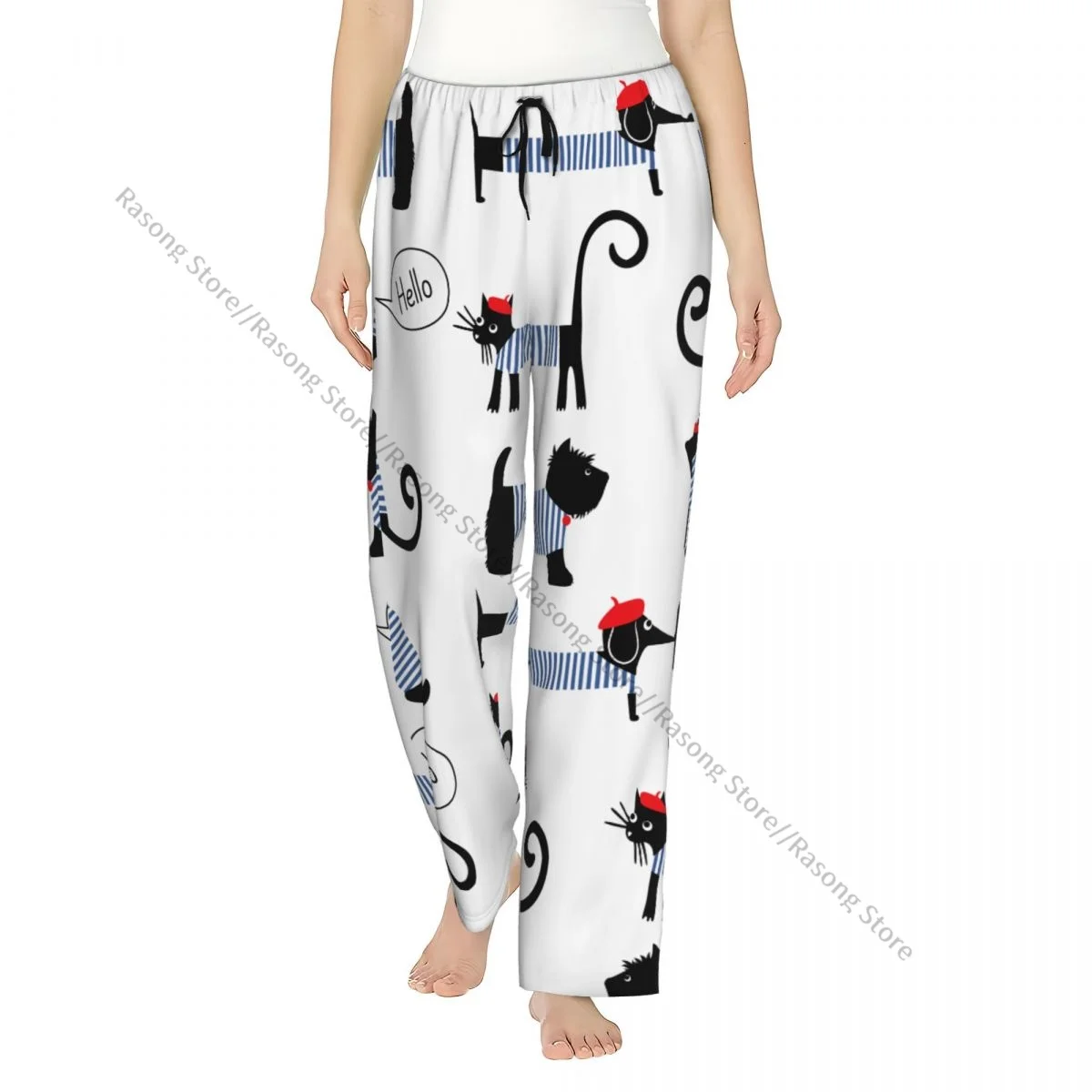 

Warm Women Pajama Pants French Dressed Dachshund Cat Scottish Flannel Sleep Bottoms Soft Fleece Loungewear