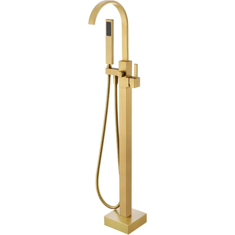 

Freestanding Bathtub Faucet Floor Mount Tub Filler Brushed Gold Brass Bathroom Faucets Single Handle with Hand Shower Tub Faucet