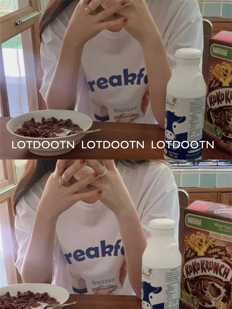 LOTDOOTN-camisetas con estampado de desayuno para mujer, ropa de calle de manga corta con cuello redondo, Harajuku japonés, 100% algodón