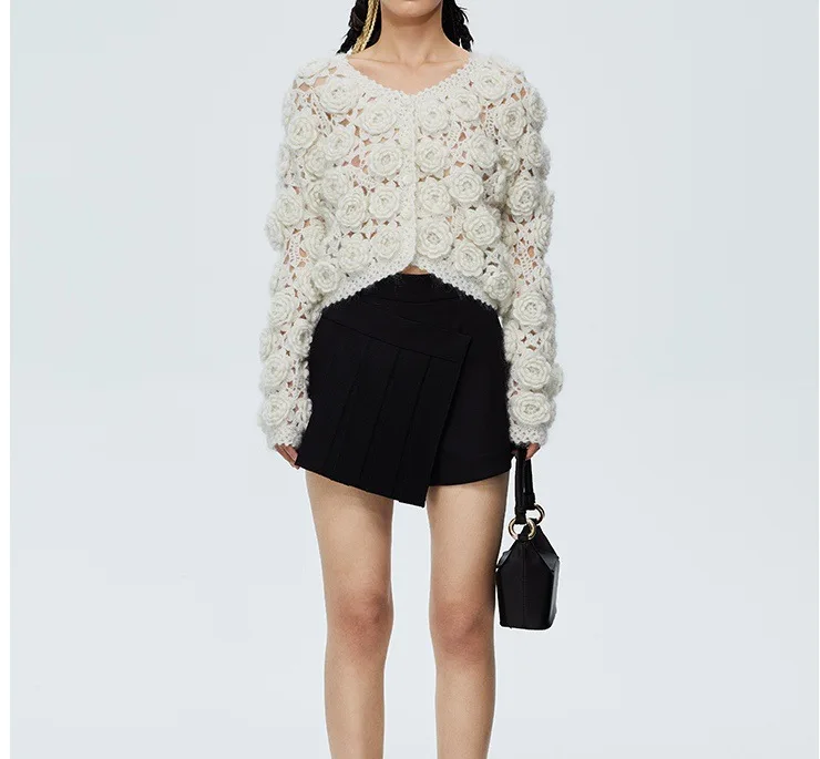 Hand Crocheted Rose Sweater for Women, Knitted Cardigan, Wool Mohair, Beige, High Proportion