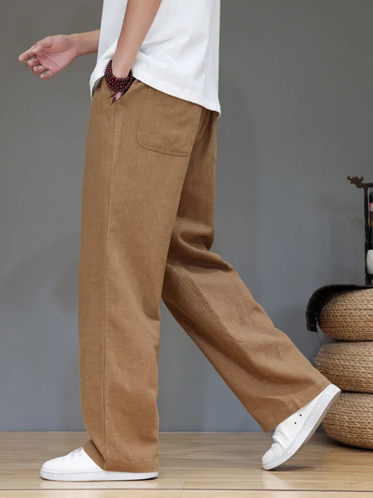 

Новые мужские летние повседневные брюки свободного кроя из хлопка и льна с широкими штанинами в китайском стиле, дышащие, длинные