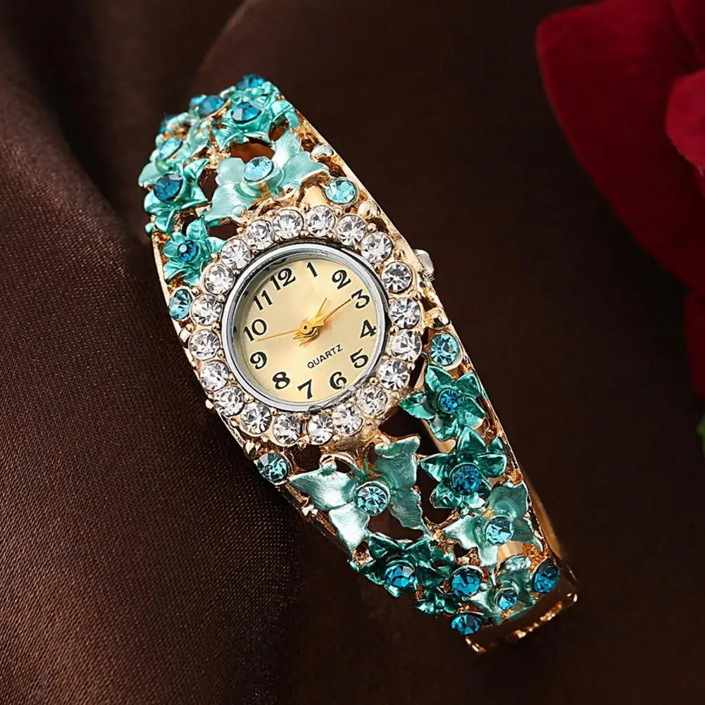 Shinny Flower Bangle Watch Round Rhinestone Dial Classic Formal Dress Quartz Bangle Wristwatch Fashion Jewelry Feminine Watch