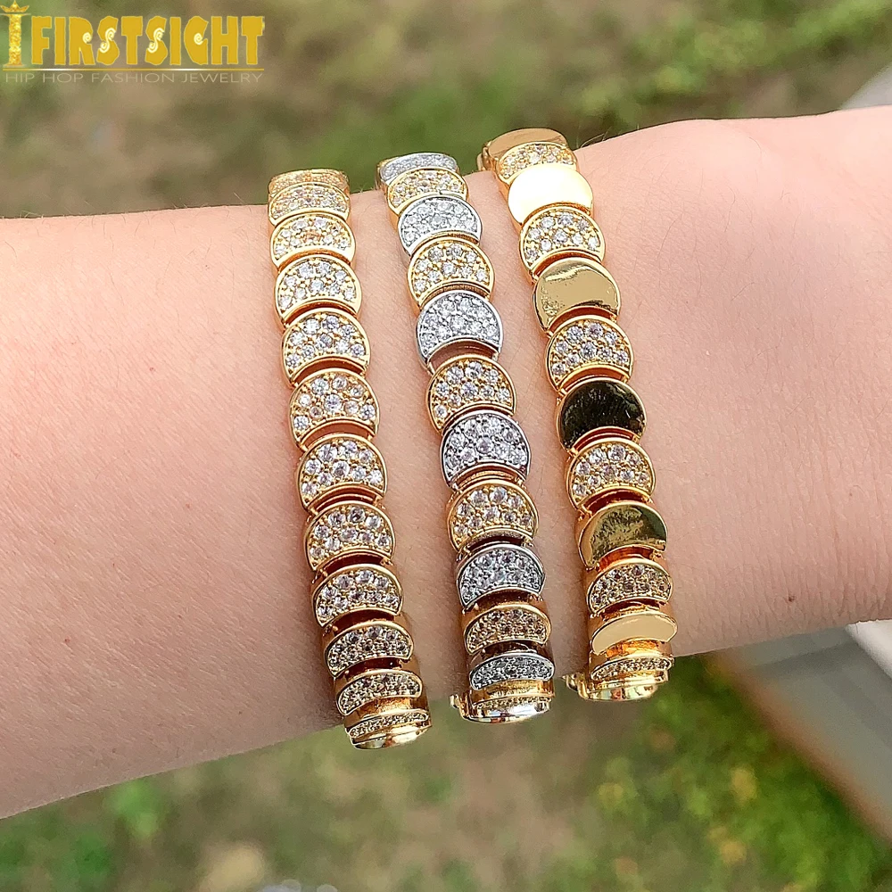 Iced Out Moon Charm Shaped Chain Bracelet Gold Color Pave CZ Stone Zircon Bangle Fashion European Women Girl Jewelry