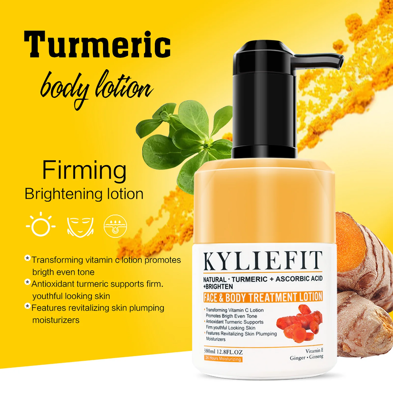 KYLIEFIT Organic Turmeric Brighten Lotion, Antioxidant, Soothes, Natural Brightening & Moisturizing Cream, for Face and Body Use