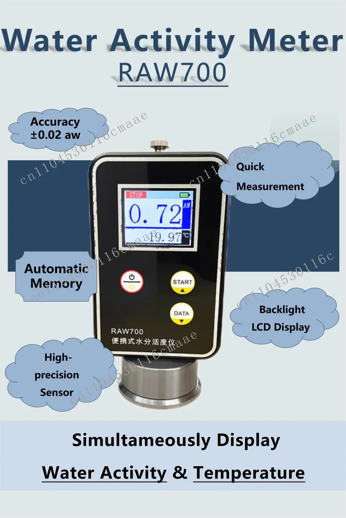 OEM water activity detector, non-conductive humidity sensor 0.02aw accuracy, data storage 99 sets RAW700