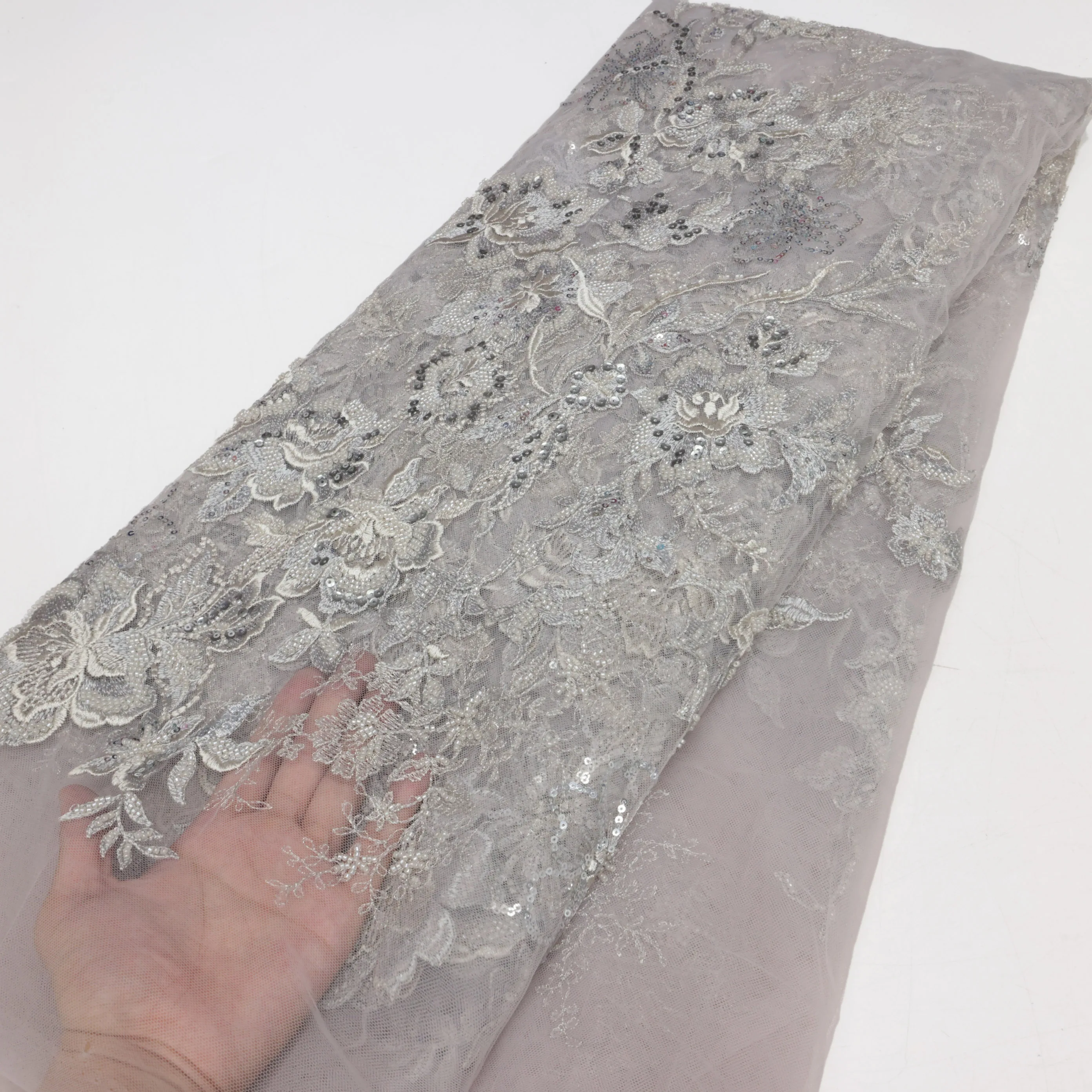 2024 High Quality Luxury Sequence Handmade Beaded Lace Fabric Crystal Pearl African Nigerian Embroidery French Tulle Lace Fabri