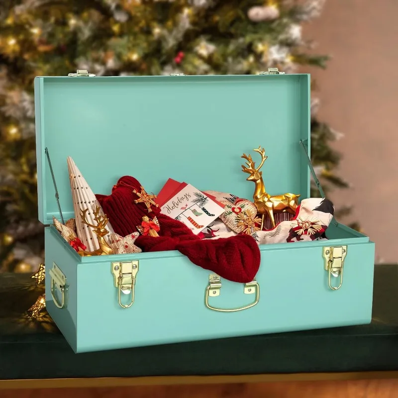 Decorative Large Metal Box Storage Trunk Chest Set of 2 College Dorm Organizer with Hardware Hasps and Handle for Home Deocr