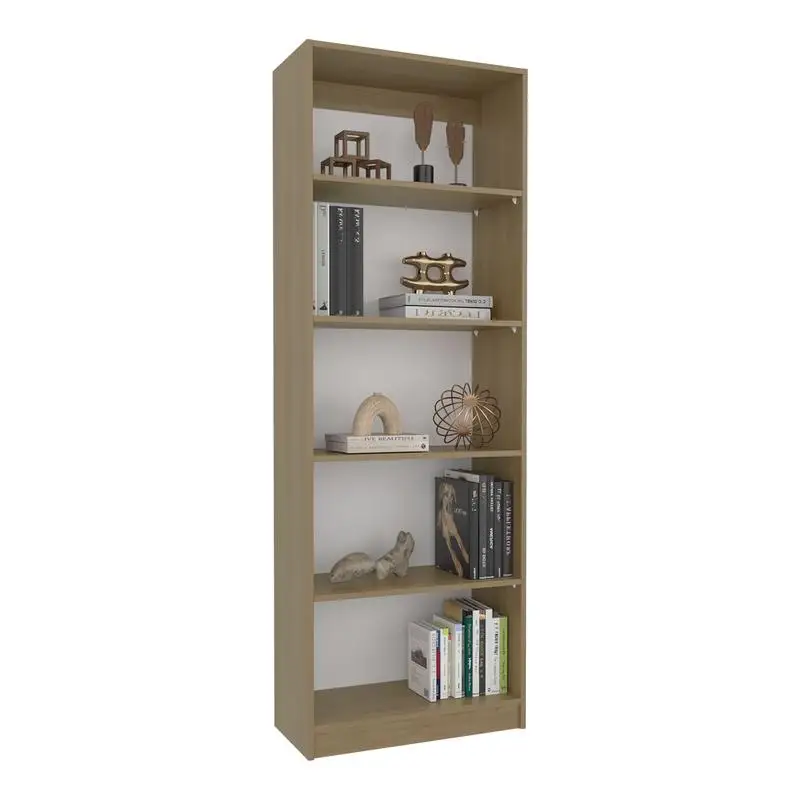 Ampia libreria a 4 livelli in rovere naturale con ripiani e espositori a più livelli