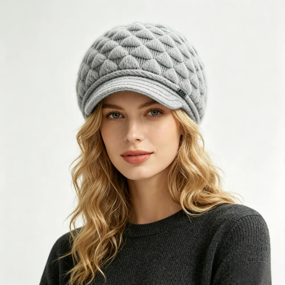 Diamond Pattern Women's Winter Visor Beanie Soft Lined Loose Fit Newsboy Knit Cap Extended Sides Relaxed Ear Cover Hat Commuting