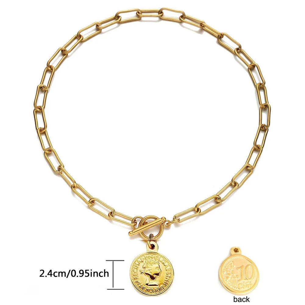 Golden Color Coin Toggle Necklace For Women Men Stainless Steel Coin Medallion Pendant Toggle Necklace Long Choker Collier