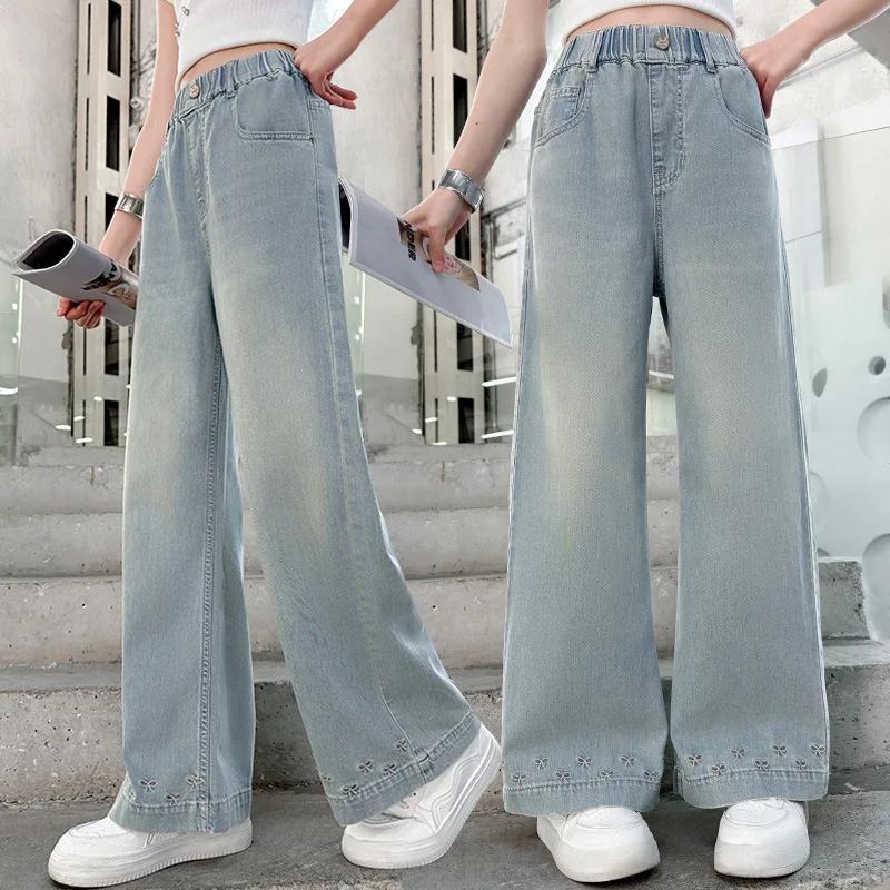 

Kids Summer Loose Straight Tencel Jeans with Butterfly Embroidery for Tweens Girls Casual Denim Pants Children Fashion Trousers