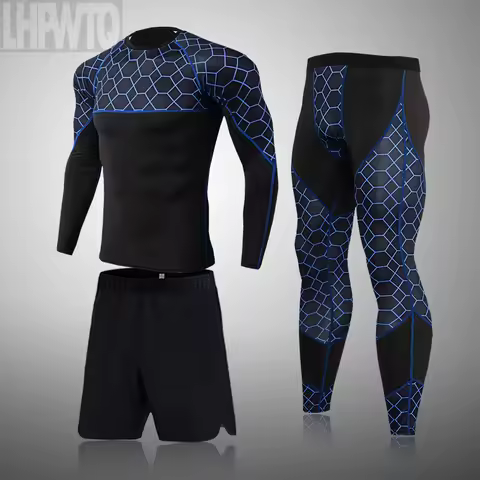 Men Compression Suit Base Layer Running Fitness Tights Leggings Sports Shirts Grid MMA Rashguard Tracksuit Male Jogging Set