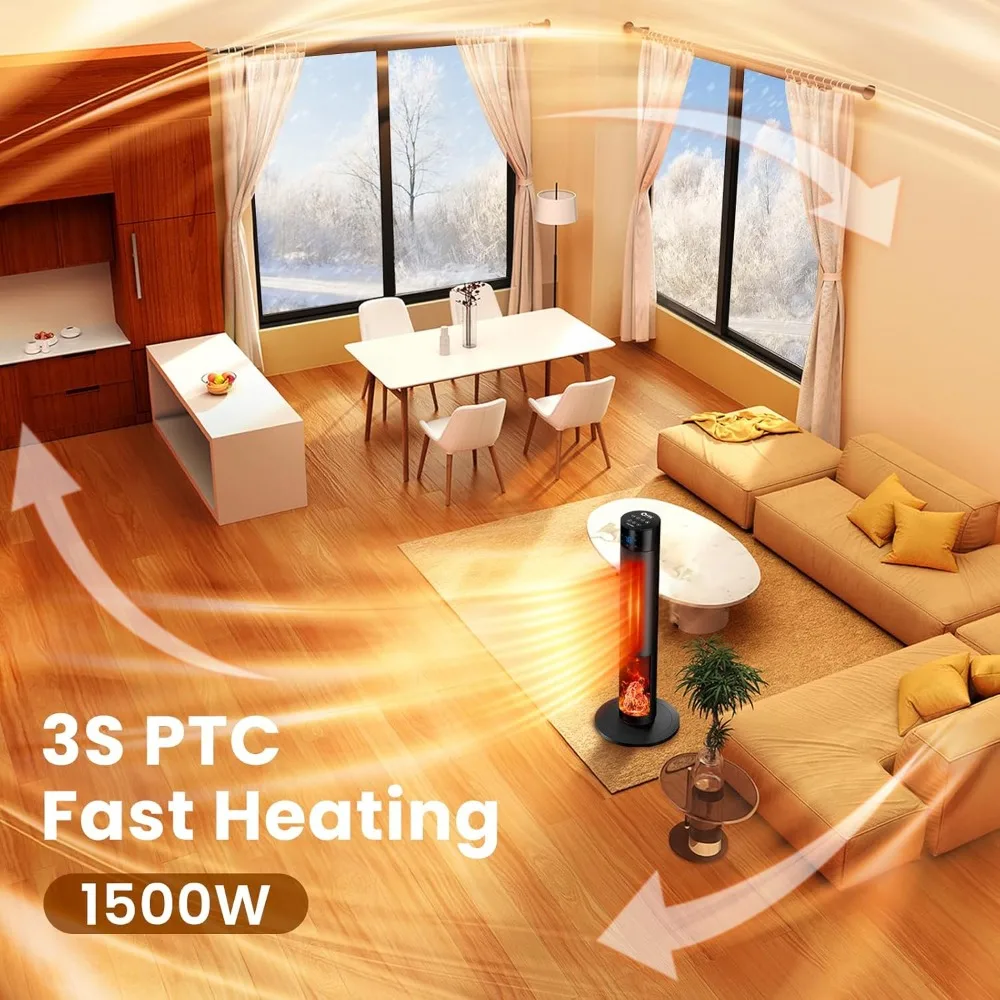 1500W space heater with fireplace, 70 ° oscillating PTC ceramic tower heater, 33.5-inch adjustable thermostat tower heater