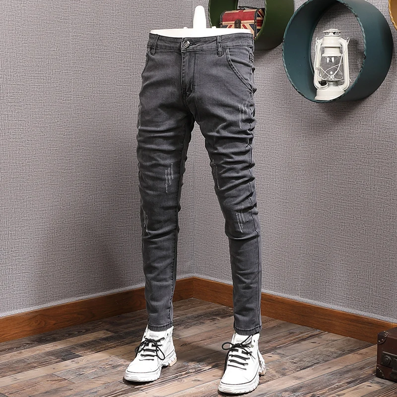 

Streetwear Fashion Men Jeans Retro Black Gray Elastic Slim Fit Ripped Jeans Men Korean Style Casual Designer Denim Pencil Pants