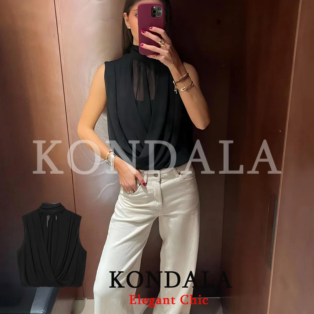 KONDALA Elegant Pleated Balloon Tank Tops Women's Trendy Cross-Pleated Sleeveless Tops 2026 Spring Summer Fashion Semi-See Tops