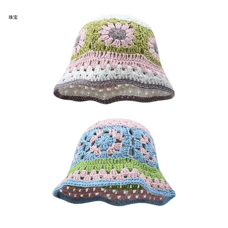 

X5QE Fashion Crochet Flower Bucket Hat for Woman Summer Spring Sunproof Fisherman Hat