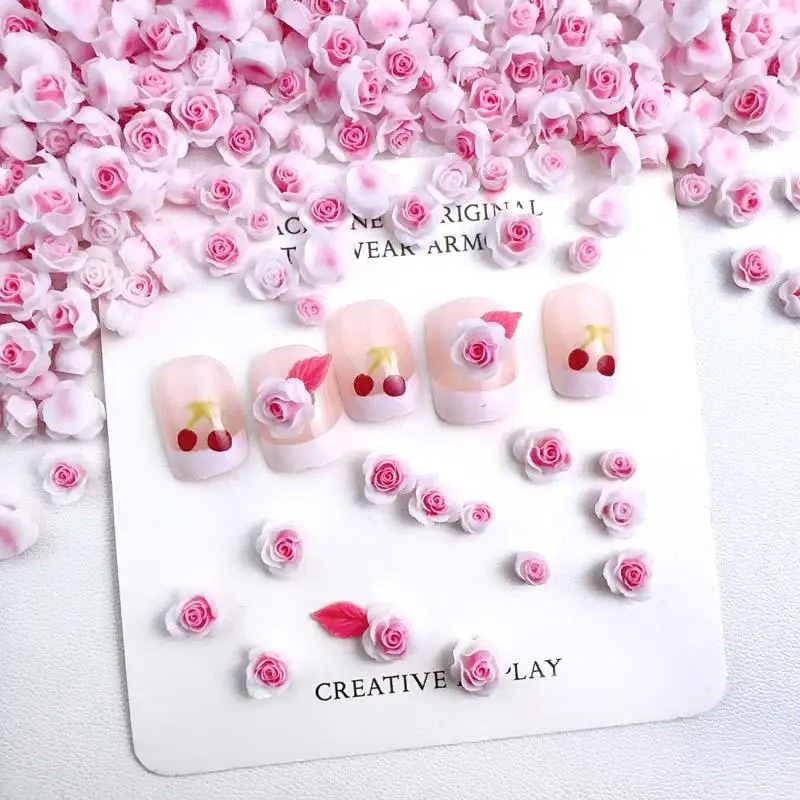 Luminous Pink White Rose Flowers Nail Charms Random Mixed Mini Rose Buds Resin Nail Art Decorations Accessories for Manicure DIY