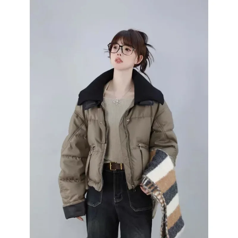 2024 Winter Coat Knitted Lapel Short Cotton-padded Jacket Women's Winter Protein Skin Patchwork Doll Collar Coat South Korea