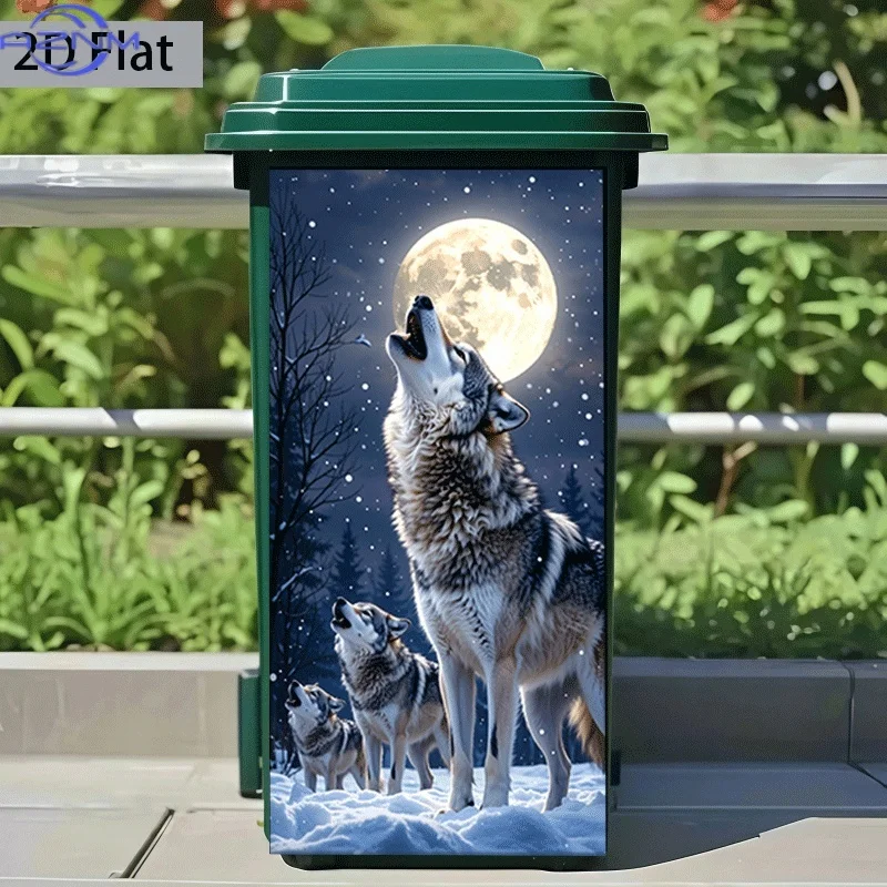 of Trash Can Sticker,  Featuring a Theme Design of Wolves Howling at The in a Snowy Night, Self-Adhesive Wall Decoration for K