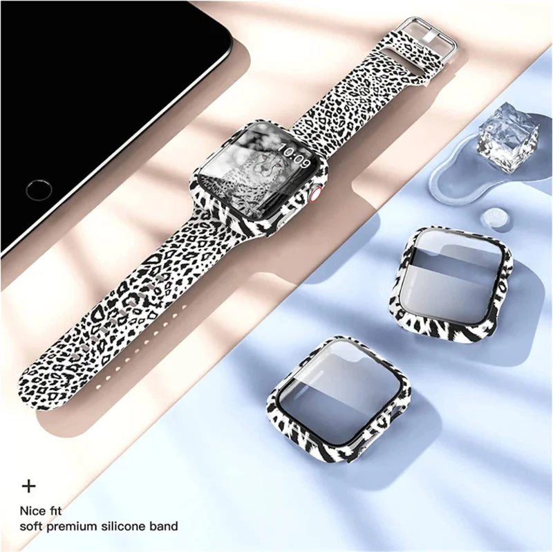 Cristal, funda y correa para Apple Watch, pulsera de silicona con estampado deportivo para iwatch series 9, 8, 7, 6, 5, 4, 3 SE, 44mm, 40mm, 41mm,